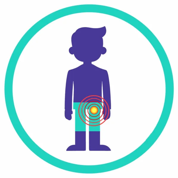 Specialist clinical icon for Sciatica identifying the sciatic nerve path and deep gluteal muscles as the primary target for deep-penetrating focused shockwave treatment.
