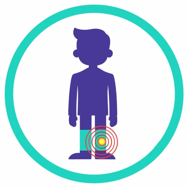 Specialist clinical icon for Shin Splints identifying the medial tibial border and periosteum as the primary target for focused shockwave treatment.